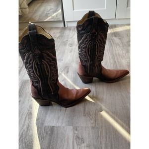 Corral western boots 6.5 - pink stingray & brown leather/denim with flamestitch
